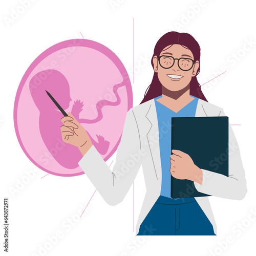 female doctor gynecologist showing baby pregnancy bump in flat illustration
