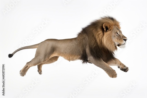 A male lion in mid-air on a white backdrop. Generative AI