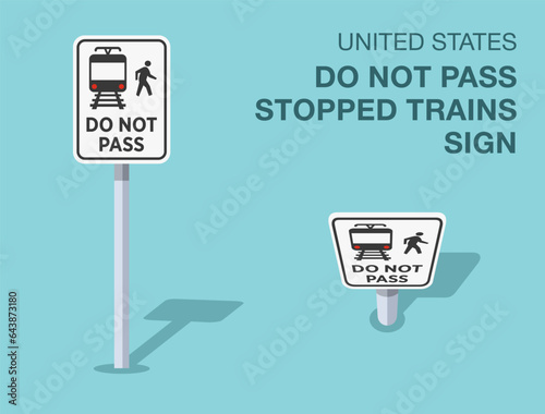 Traffic regulation rules. Isolated United States do not pass stopped trains sign. Front and top view. Flat vector illustration template.