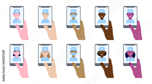 European American African Indian Doctor on phone screen in hand. Set of male and female therapist and nurse on white background. Flat style. Mobile Health Diagnostics. Vector illustration.