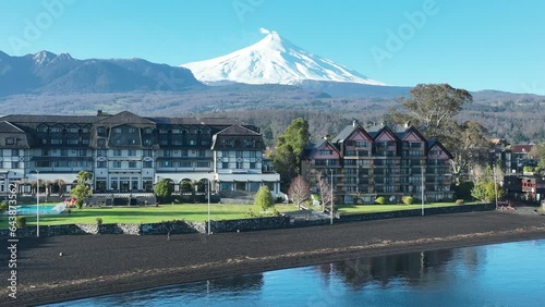 Volcanic Beach At Pucon In Los Rios Chile. Coastal City. Vulcanic Scenery. Tourism Landscape. Pucon Chile. Volcano Background. Volcanic Beach At Pucon In Los Rios Chile. photo