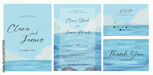 sea background watercolor set of wedding invitation card template
