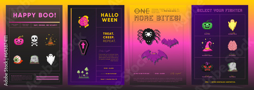 8Bit Pixel Art Halloween Posters. Video Game Style Ghosts  Pumpkins  and More for Spooky Posters. Y2k Retro 90s Templates for Events and Parties. Perfect for Announcements and Decorations.