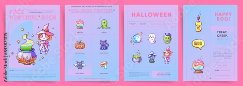 Pixel art Cute Halloween Posters. Gradient Template Design Set for Posters and Banners. Futuristic Video Game Holographic Card with Spooky Monsters and Witches. Vector 8bit Y2K Graphic Design.