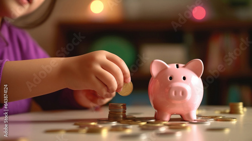 Little girl putting coin into pink piggy bank, stack of coin on the table, kid learning to save money for future concept background.