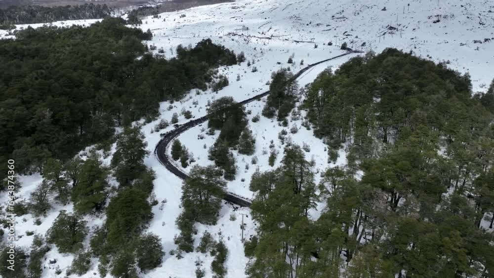 Rural Road At Villarrica In Los Rios Chile. Travel Scenery. Snowcapped Vulcan. Frozen Forest Trees. Villarrica Chile. Winter Landscape. Rural Road At Villarrica In Los Rios Chile.