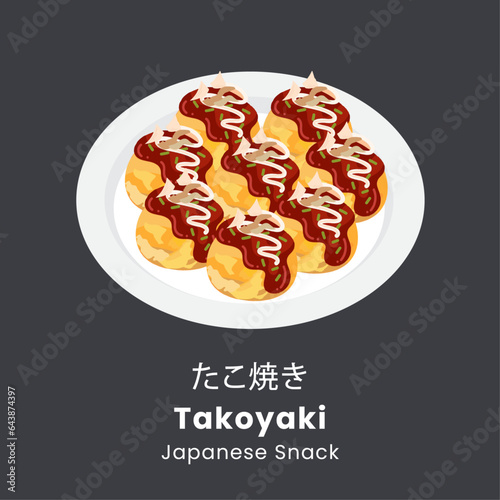 Takoyaki ball or Octopus balls on plate. Japanese snack food. Vector illustration isolated on black background.