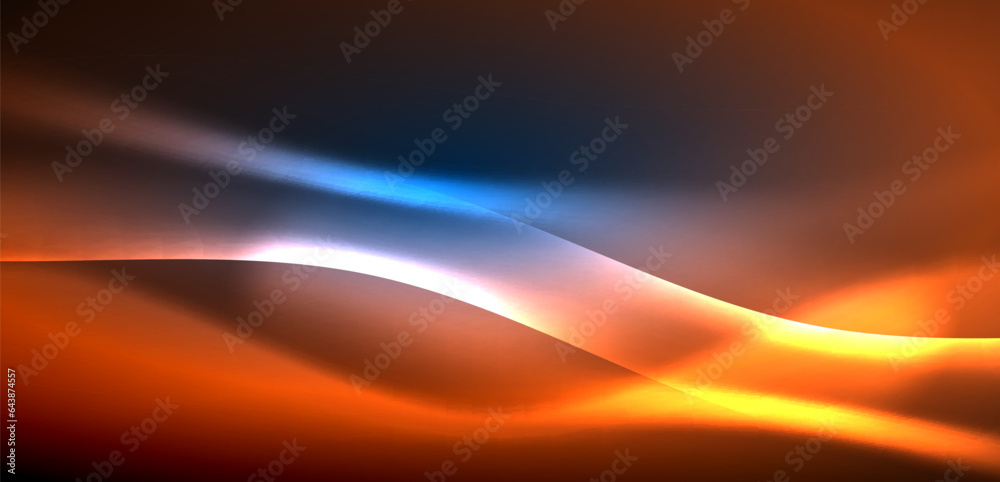 Dynamic waves in ethereal glow of neon lights. Concept merges fluidity of motion with vibrant allure of neon, crafting entrancing backdrop that embodies both vitality and futuristic sophistication Dynamic waves in ethereal glow of neon lights. Concept merges fluidity of motion with vibrant allure of neon, crafting entrancing backdrop that embodies both vitality and futuristic sophistication