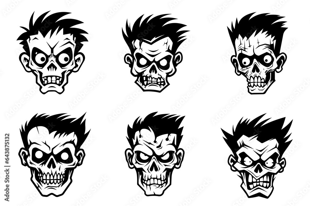 Monochrome illustration of a zombie's head collection. Halloween theme Monochrome illustration of a zombie's head collection. Halloween theme