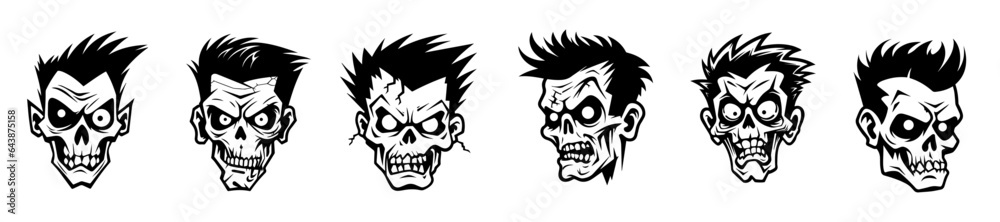 Monochrome illustration of a zombie's head collection. Halloween theme Monochrome illustration of a zombie's head collection. Halloween theme