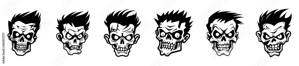Fototapeta premium Monochrome illustration of a zombie's head collection. Halloween theme