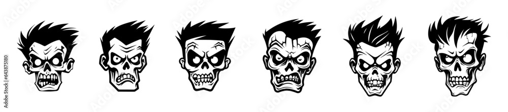 Fototapeta premium Monochrome illustration of a zombie's head collection. Halloween theme