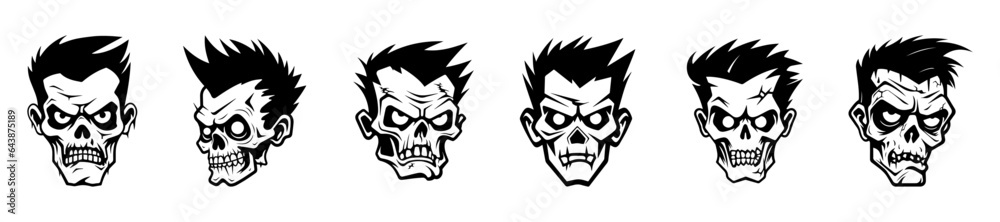 Monochrome illustration of a zombie's head collection. Halloween theme Monochrome illustration of a zombie's head collection. Halloween theme