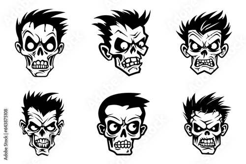 Monochrome illustration of a zombie's head collection. Halloween theme
