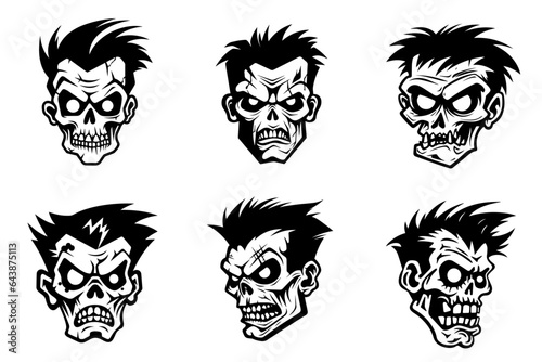 Monochrome illustration of a zombie's head collection. Halloween theme