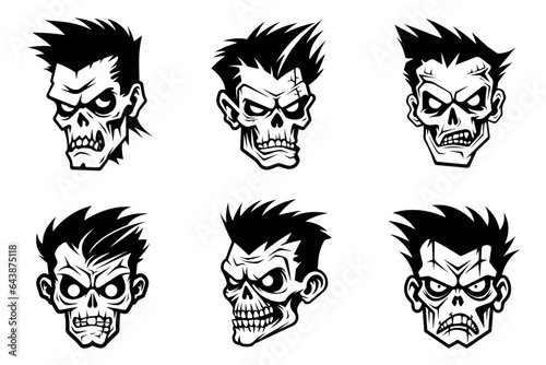 Monochrome illustration of a zombie's head collection. Halloween theme