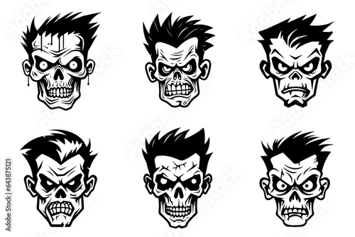 Monochrome illustration of a zombie's head collection. Halloween theme