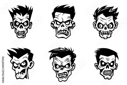 Monochrome illustration of a zombie's head collection. Halloween theme