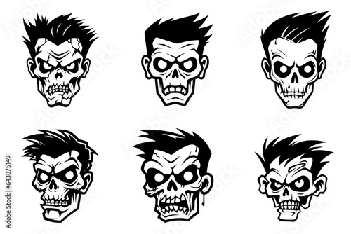 Monochrome illustration of a zombie's head collection. Halloween theme