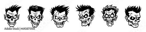 Monochrome illustration of a zombie's head collection. Halloween theme