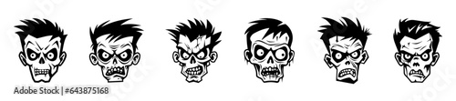 Monochrome illustration of a zombie's head collection. Halloween theme