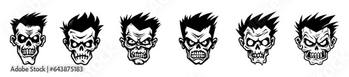 Monochrome illustration of a zombie's head collection. Halloween theme