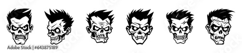 Monochrome illustration of a zombie's head collection. Halloween theme