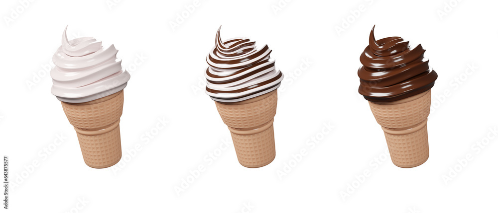3D set of variety ice cream cone isolated on white background.3D rendering group of milk, vanilla and chocolate ice cream with cone. - obrazy, fototapety, plakaty 