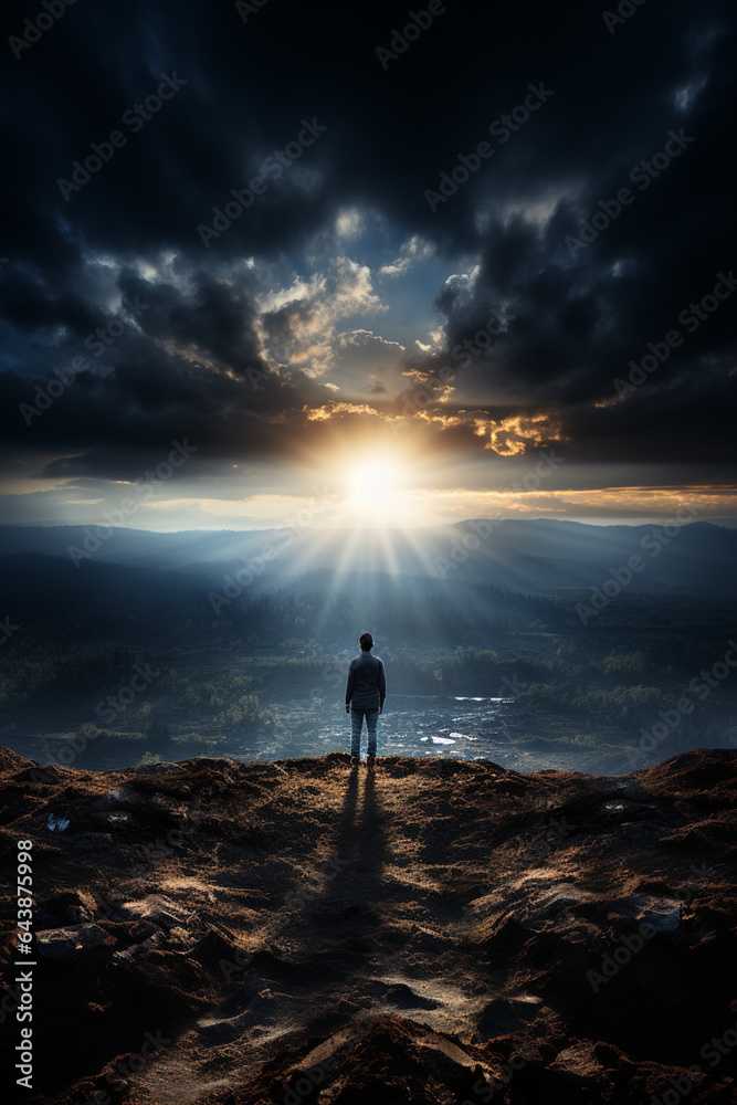Fototapeta premium Solitary Figure on Mountain Summit. Silhouette of a Man Standing on a Rock at Sunset