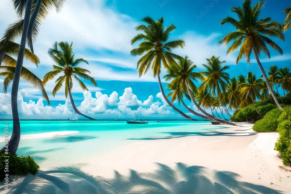 Fototapeta premium beach with palm trees ,Paradise beach natural background. Illustration Generative AI.