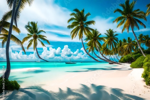 beach with palm trees  Paradise beach natural background. Illustration Generative AI.