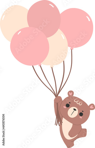 Cute teddy bear with balloons, nursery kid animal flat design illustration © Natsicha