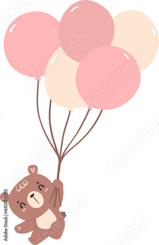 Cute teddy bear with balloons, nursery kid animal flat design illustration