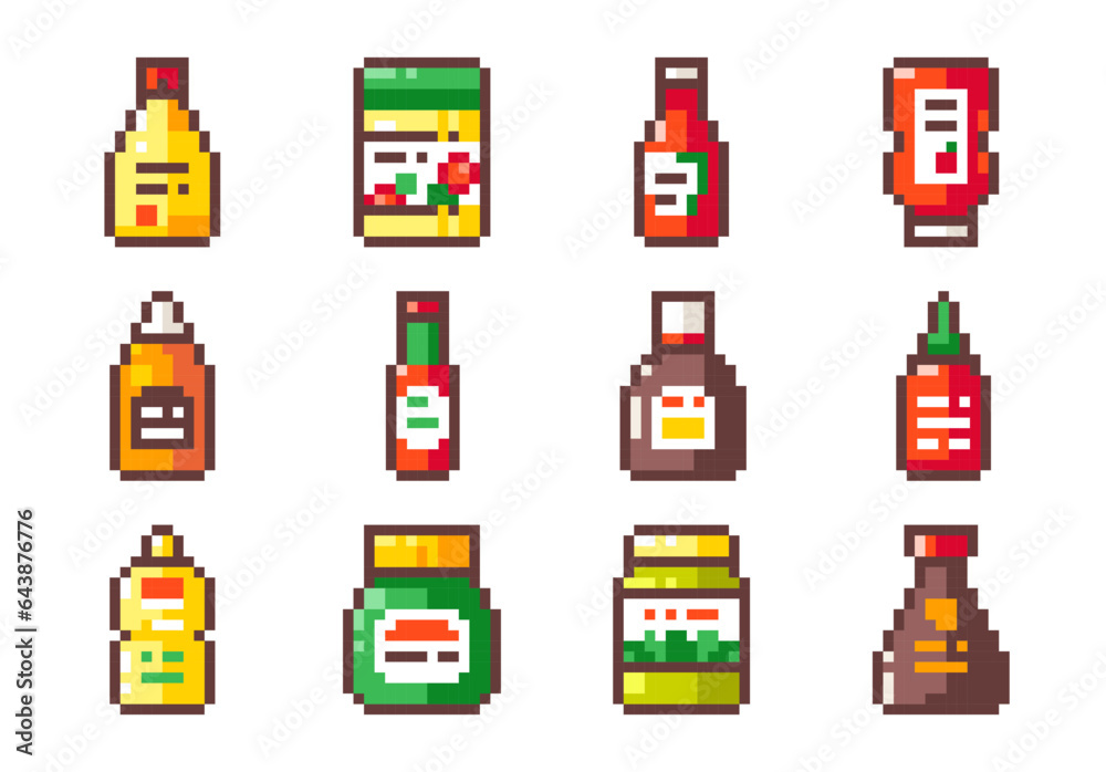 Pixel Art Sauces Set. 8 bit style stickers of Pixelated Fast Food Meals Sauces - Ketchup, Japanese Mayo Mustard,  Soy Sauce, Sriracha, Yeast Spread, Pesto, Mayonnaise, Chili, Cheese and Barbecue.