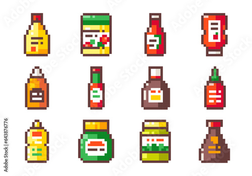 Pixel Art Sauces Set. 8 bit style stickers of Pixelated Fast Food Meals Sauces - Ketchup, Japanese Mayo Mustard, Soy Sauce, Sriracha, Yeast Spread, Pesto, Mayonnaise, Chili, Cheese and Barbecue.