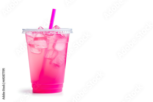 Pink drink in plastic cup isolated on white background. Take away drinks concept with copy space