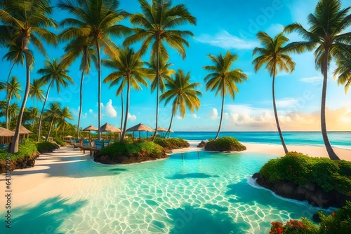 beach with palm trees  Paradise beach natural background. Illustration Generative AI.