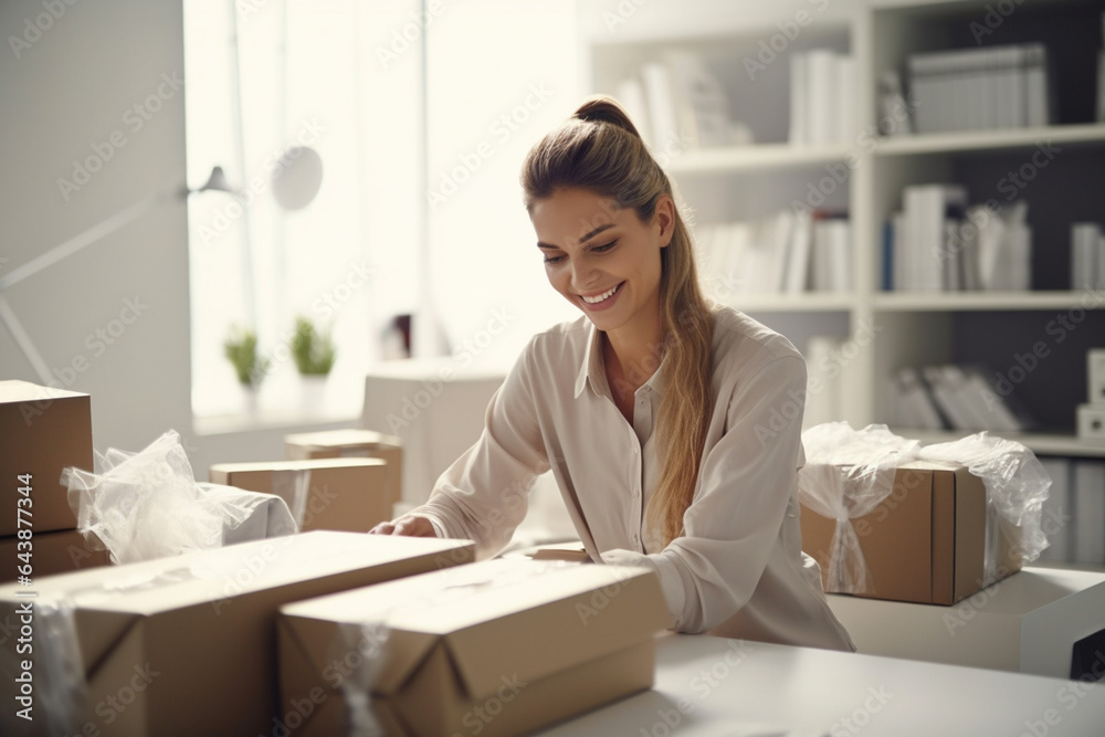 Happy female business owner packing parcels Happy female business owner packing parcels