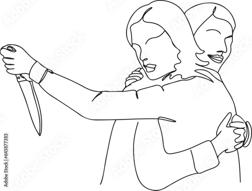 Cartoon Backstabbing Scene: Sneaky Hug and Dagger Art, Friendship Betrayal Sketch: Hug and Knife Vector, Woman Hugging with Knife Illustration, Backstabbing Cartoon Art