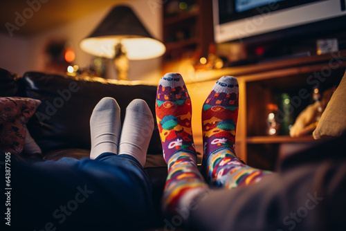 Couple watching tv happily at home and wearing socks