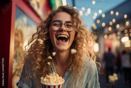 Happy girl with bucket of popcorn