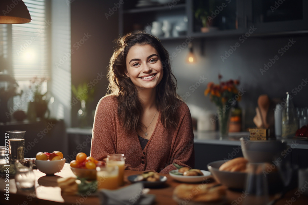 happy woman eating breakfast in the kitchen