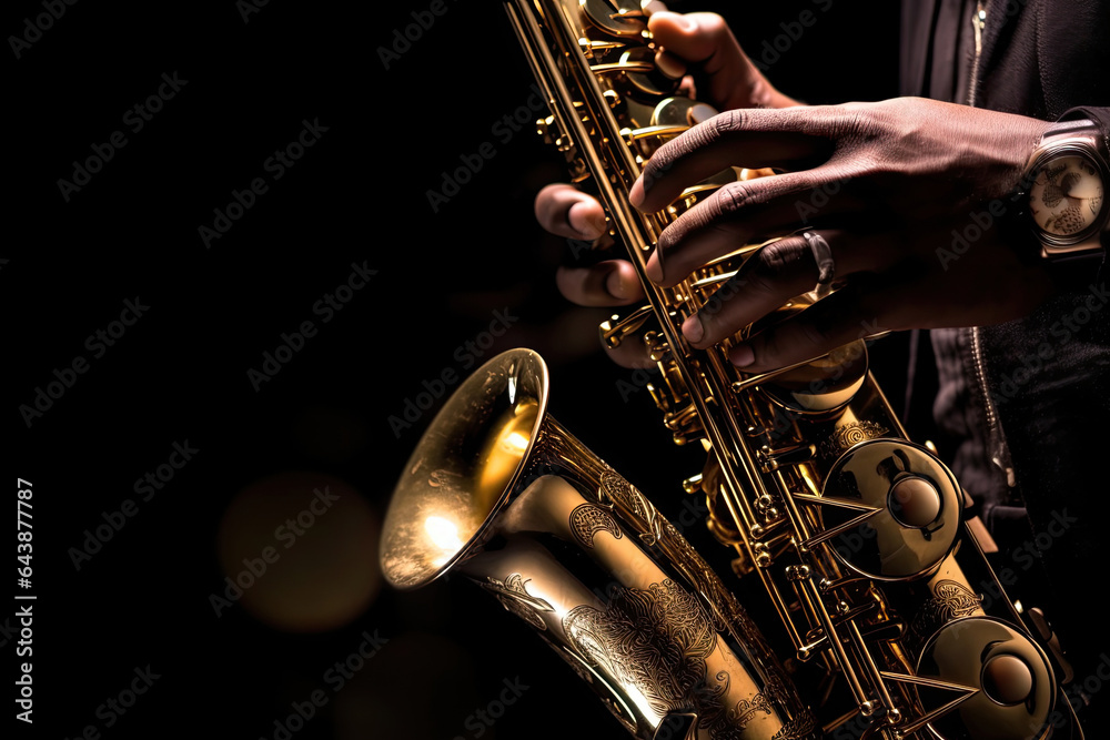 Close up of Saxophone Player hands Saxophonist playing jazz music. Alto sax musical instrument on black background. Generative Ai - obrazy, fototapety, plakaty 