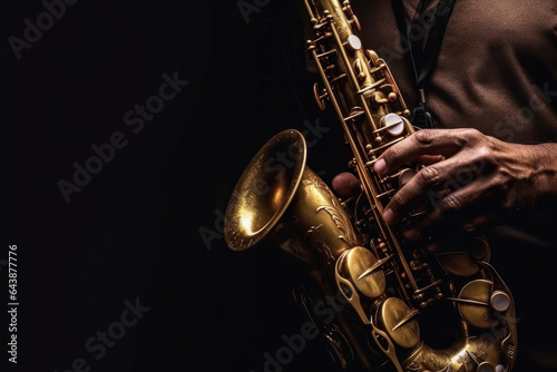 Close up of Saxophone Player hands Saxophonist playing jazz music. Alto sax musical instrument on black background. Generative Ai