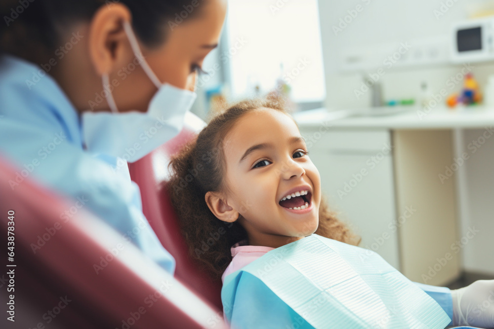 A girl happily goes to the dentist for a dental checkup A girl happily goes to the dentist for a dental checkup