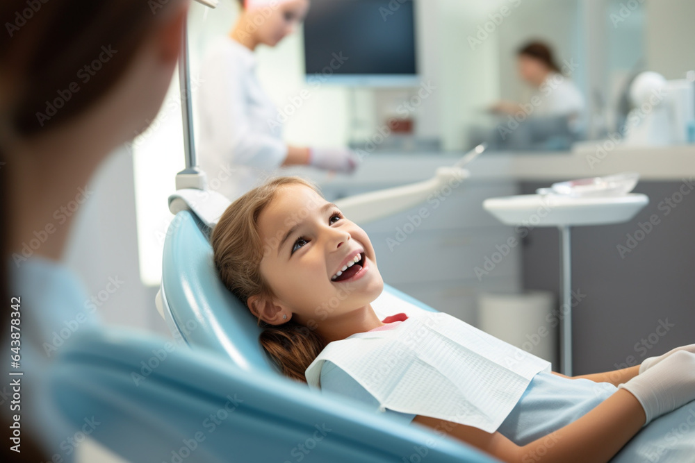 A girl happily goes to the dentist for a dental checkup A girl happily goes to the dentist for a dental checkup