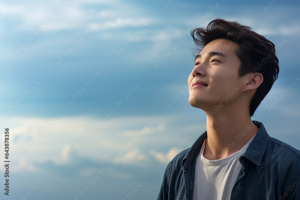 happy young man with backpack looking to the sky happy young man with backpack looking to the sky