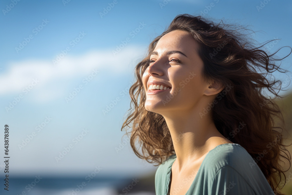 happy young woman with backpack looking to the sky happy young woman with backpack looking to the sky