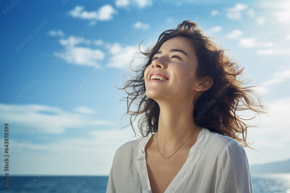 happy young woman with backpack looking to the sky happy young woman with backpack looking to the sky