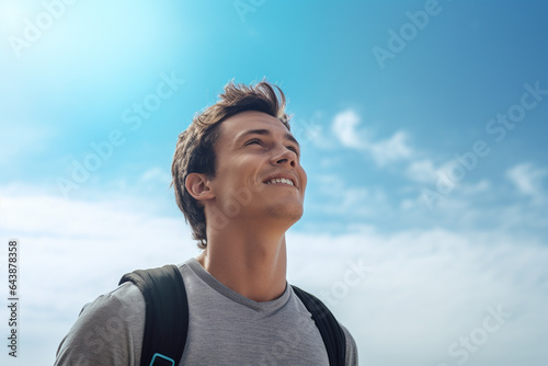 happy young man with backpack looking to the sky